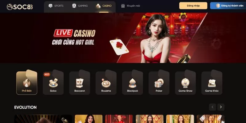 Kh&aacute;m ph&aacute; kho game Casino đa dạng của Soc88