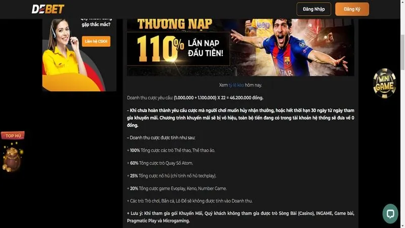 Khuyến m&atilde;i Debet đăng k&yacute; nhận thưởng nạp 110% tối đa 11 triệu đồng